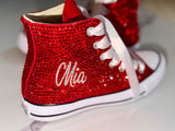 Custom Red Rhinestone HI-Top Converse with Satin Laces – Personalized Special Occasion Sneakers