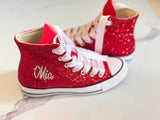 Custom Red Rhinestone HI-Top Converse with Satin Laces – Personalized Special Occasion Sneakers