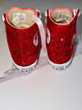 Custom Red Rhinestone HI-Top Converse with Satin Laces – Personalized Special Occasion Sneakers