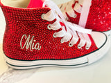 Custom Red Rhinestone HI-Top Converse with Satin Laces – Personalized Special Occasion Sneakers