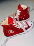 Custom Red Rhinestone HI-Top Converse with Satin Laces – Personalized Special Occasion Sneakers