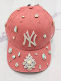 Coral Custom Bling NY Yankees Hat – Colorful Rhinestone Embellished Luxury Statement Cap