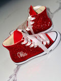 Custom Red Rhinestone HI-Top Converse with Satin Laces – Personalized Special Occasion Sneakers