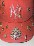 Coral Custom Bling NY Yankees Hat – Colorful Rhinestone Embellished Luxury Statement Cap