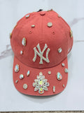 Coral Custom Bling NY Yankees Hat – Colorful Rhinestone Embellished Luxury Statement Cap
