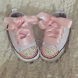 Custom Baby Sneakers – Pink & White Blinged with Rhinestones ✨👶