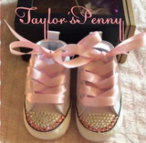 Custom Baby Sneakers – Pink & White Blinged with Rhinestones ✨👶