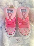 Cancer Awareness Ribbon Sneakers – Hand-Embellished Pearls & Rhinestones