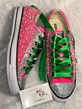 Pearl-Embellished Sneakers – Custom Pink & Green Bling Shoes