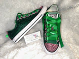 Women’s Bling Sneakers – Hand-Embellished Green & Pink Custom Shoes