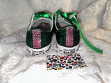 Women’s Bling Sneakers – Hand-Embellished Green & Pink Custom Shoes