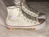 Custom Champagne Bling Converse – Rhinestone Hi-Top Sneakers for Bat Mitzvahs & Weddings